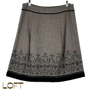 LOFT Tan and Black A-Line Skirt with Embroidered Border